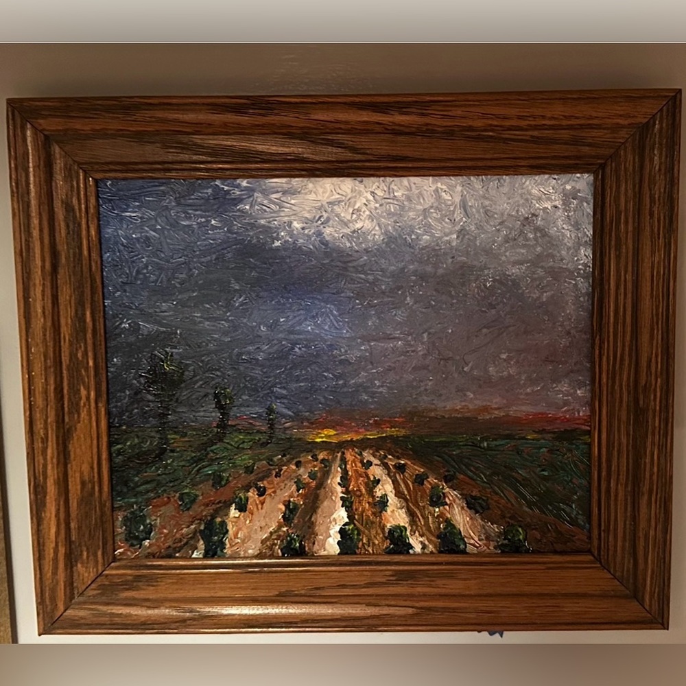 Original Framed Landscape Oil on Canvas Painting in Brown and Green